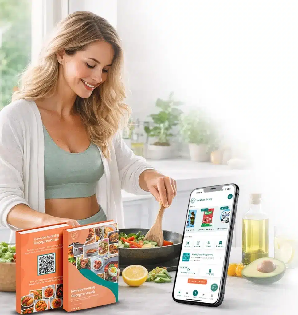 Vrouw bereidt een gezonde maaltijd met de How2behealthy app en producten uit het resetprogramma